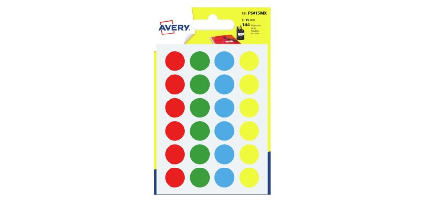 Pastilles adhesives avery ø15 mm ecriture manuelle coloris assortis sachet de 144