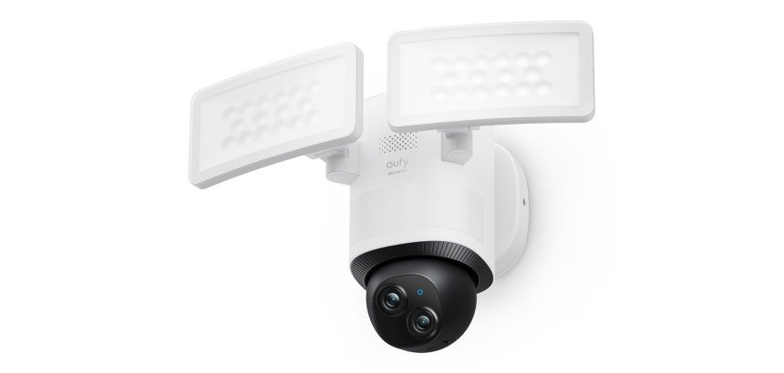 Eufy Security Floodlight Camera E340 con cable, giro de 360° e inclinación, grabación ininterrumpida, Wi-Fi de doble banda, 2000 lúmenes, activada por movimiento, cámara doble, compatible con HomeBase 3, almacenamiento local, sin cuota mensual