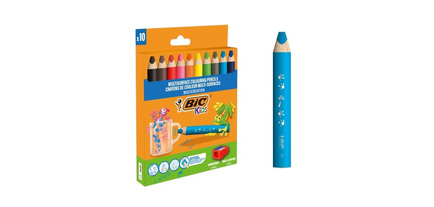 Crayon couleur bic kids multi-surfaces corps          triangulaire mine effacable   coloris assortis pack 10 uni