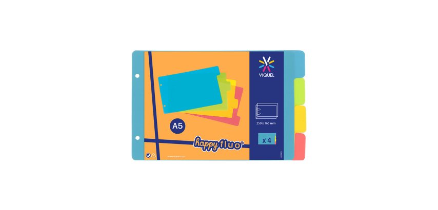 Intercalaires A5 en polypropylène Viquel Happy Fluo 4 onglets - 1 jeu