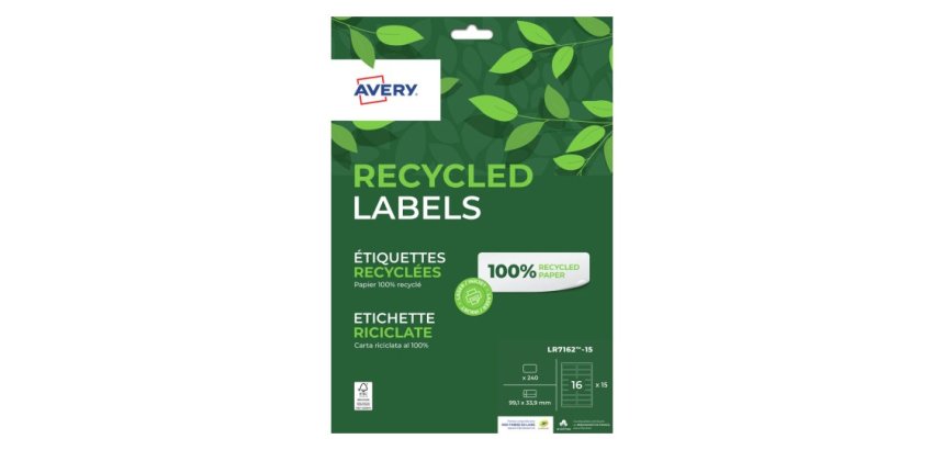 Etiquette recyclée  99,1 x 33,9 mm jet d'encre et laser Avery LR7162 blanche - Boîte de 240