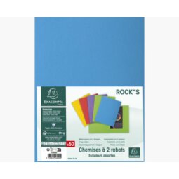 Paquet 50 chemises 2 rabats carte 210 g ROCK''S. Coloris assortis Bleu/Jaune/Rouge/vert/Violet