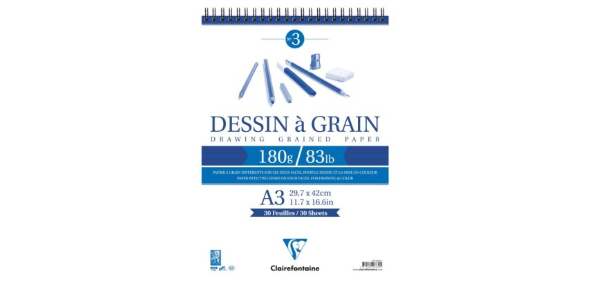 Bloc dessin   grain clairefontaine spirale a3     blanc 29,7cmx42cm 180gr 30f