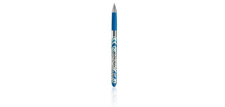 Stylo-bille schneider slider basic viscoglide trait moyen  grip caoutchouc sechage rapide neutre en co2 couleur bleu