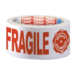 Adhésif d'emballage en PP Blanc imprimé Rouge Fragile silencieux 48 microns - H50 mm x L66 mètres