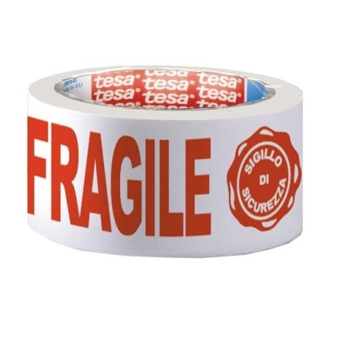 Adhésif d'emballage en PP Blanc imprimé Rouge Fragile silencieux 48 microns - H50 mm x L66 mètres