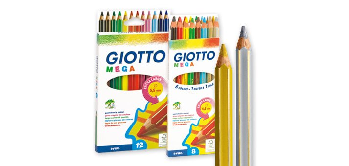Pot crayons de couleur mega giotto forme hexagonale bois  18cm mine 5mm 24 unites       coloris or et argent assortis