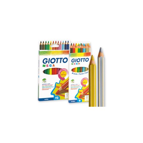 Pot crayons de couleur mega giotto forme hexagonale bois  18cm mine 5mm 24 unites       coloris or et argent assortis