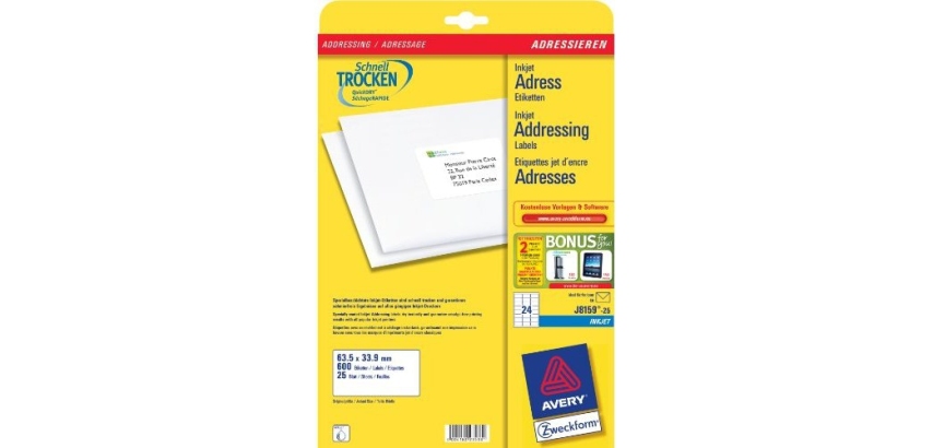 Étiquettes adresses 63,5 x 33,9 mm Avery J8159-25 - Boîte de 600