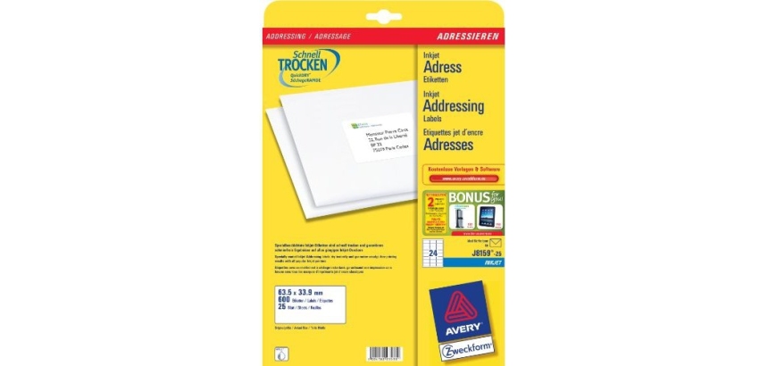 Etiquette adresse jet d'encre 63,5 x 33,9 Avery blanche - Boîte de 600