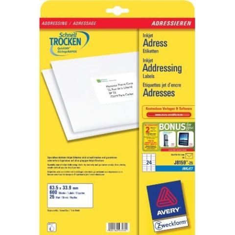 Etiquetas de dirección de inyección de tinta blancas Avery, 63,5 x 33,9 cm - Caja de 600