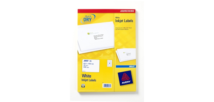Etichette adesive J8161 - in carta - angoli arrotondati - inkjet - permanenti - 63,5 x 46,6 mm - 18 et/fg - 25 fogli - bianco - Avery