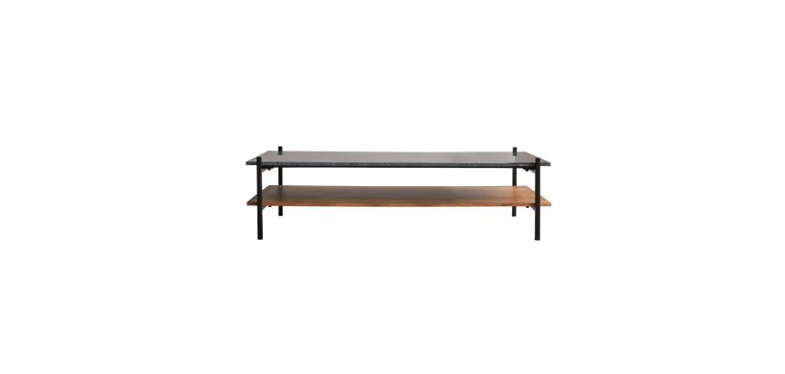 Table basse Edit en acacia massif et marbre vert, rectangulaire 130 x 65 cm