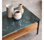 Table basse Edit en acacia massif et marbre vert, rectangulaire 130 x 65 cm