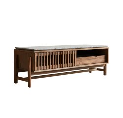 Meuble TV Isaure en bois de noyer massif et terrazzo premium H 45 x L 140 x P 45 cm