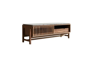 Meuble TV Isaure en bois de noyer massif et terrazzo premium H 45 x L 140 x P 45 cm