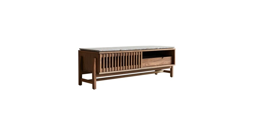 Meuble TV Isaure en bois de noyer massif et terrazzo premium H 45 x L 140 x P 45 cm