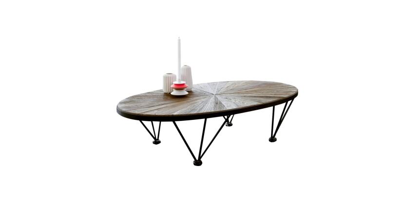 Table basse ovale Lancelot en orme massif recyclé et métal, 140 x 80 cm