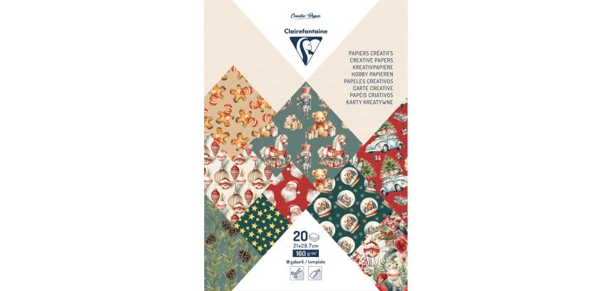 PAPIERS IMPRIMÉS, Bloc de 20 feuilles à motifs 160g/m2 au format A4 (21x29,7cm) + 1 idée créative - Souvenirs de Noël - Multicolore
