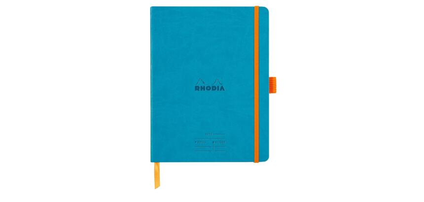 Rhodiarama Meeting book A5 maxi, 80 microgeperforeerde bladen wit papier van 90g, sluiting met elastiek en penhouder - Turquoise