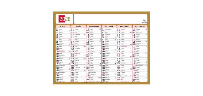 Calendrier Tricolore 13 x 17 cm Semestriel 2026 - rouge, noir et or
