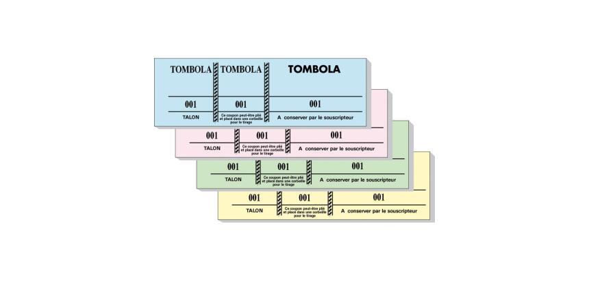 Bloc tombola 100 feuillets numérotés de 3 volets - Format 4,8x15 cm - Couleurs assorties