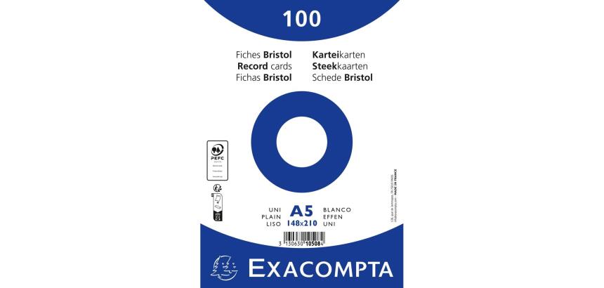 Paquete de 100 fichas Exacompta cartulina Bristol retractil - blanco liso sin taladro 148x210mm - Blanco
