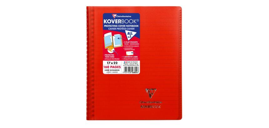 Cahier reliure intégrale enveloppante Koverbook 17x22cm 160 pages ligné + marge couverture polypropylène transparent - Rouge