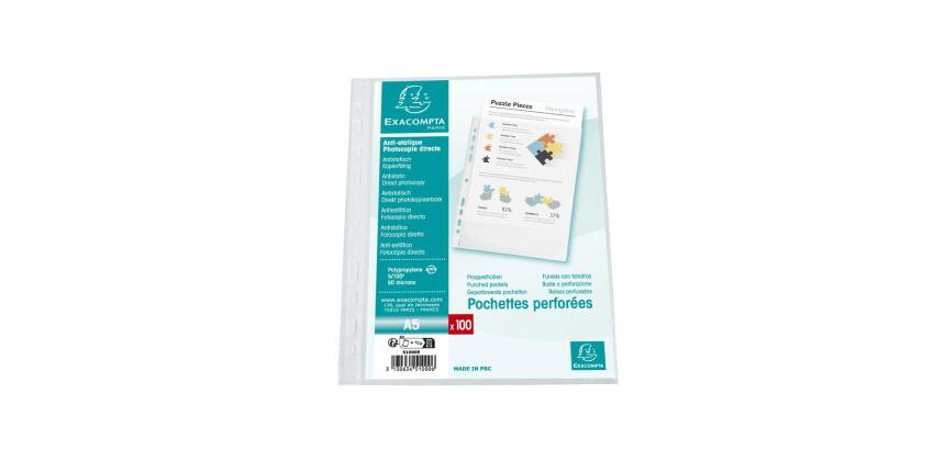 Sachet de 100 pochetttes perforées Polypropylène grainé 5/100e - A5 - Cristal