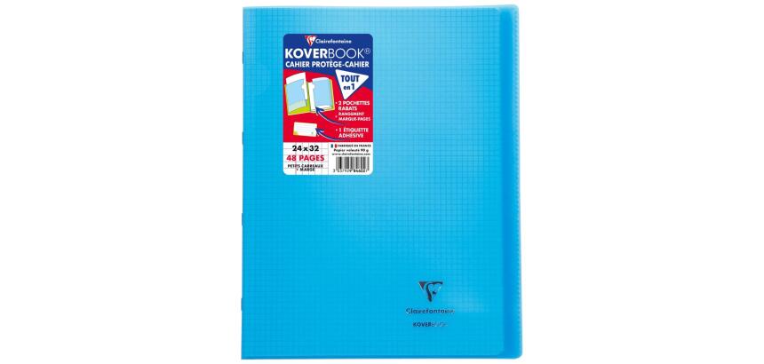 Cahier piqué Koverbook 24x32cm 48 pages petits carreaux + marge couverture polypropylène transparent - Bleu