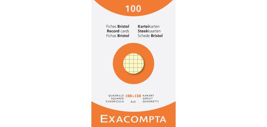 Étui de 100 fiches - bristol quadrillé 5x5 non perforé 100x150mm - Couleurs assorties