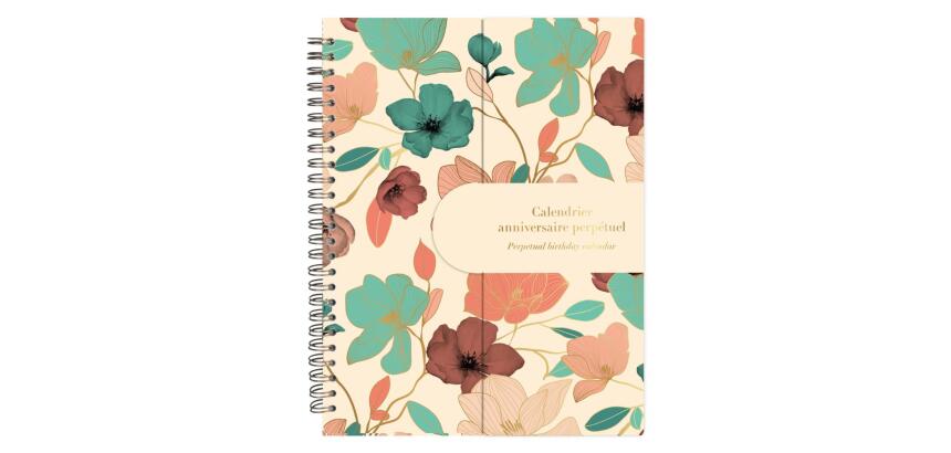 Gaïa beige, Calendrier anniversaire perpétuel 23 x 17 cm, 50 pages imprimées, fermeture aimantée pour affichage sur la table.