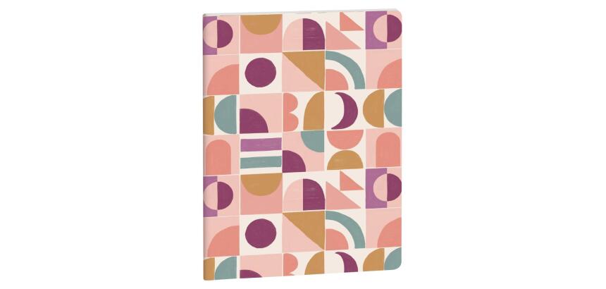Motifs géométriques et couleurs tendance inspirés du design rétro-chic, pour un carnet agrafé qui ne passe pas inaperçu. - Visuel