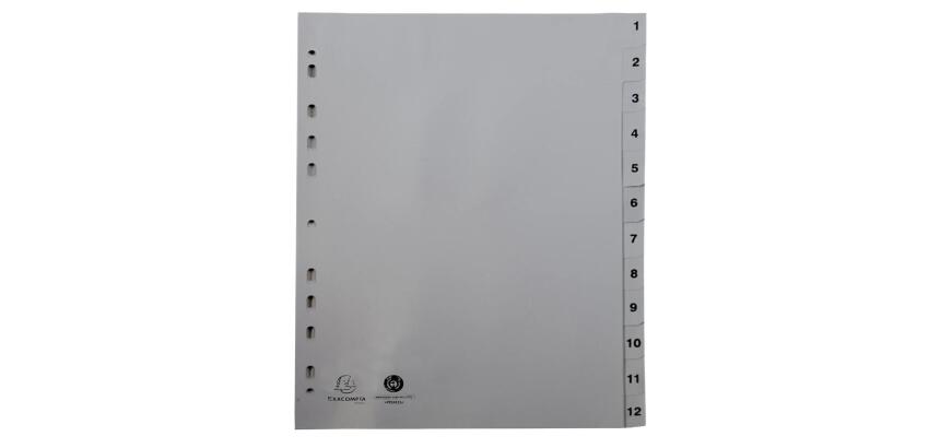 Intercalaires imprimés numériques PP recyclé gris - 12 positions - A4 - Gris