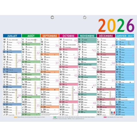 Calendrier Multicolore 43 x 33,5 cm Semestriel 2026 - Multicolore