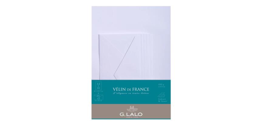 Ensemble Vélin de France 10 feuilles A4 et 5 enveloppes DL - Blanc