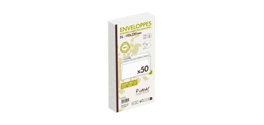 Paquet de 50 Enveloppes Forever 100% Recyclé DL-110x220mm Auto-Adhésives - 80g/m2 - Blanc