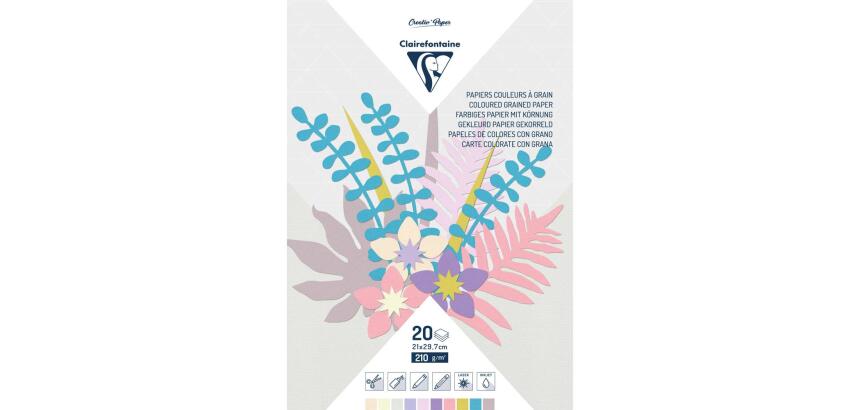 PAPIER COULEUR À GRAIN, Bloc de 20 feuilles 210g/m2 au format 21x29,7cm - Assortiment pastel - Assortiment