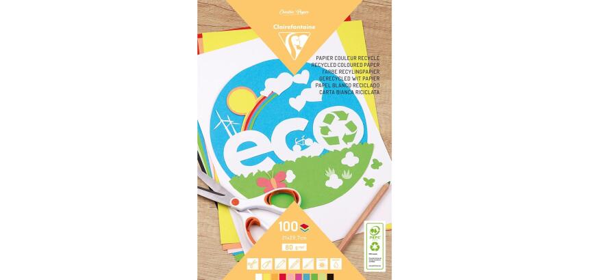 PAPIER COULEUR RECYCLÉ, Bloc de 100 feuilles 80g/m2 au format 21x29,7cm - Assortiment