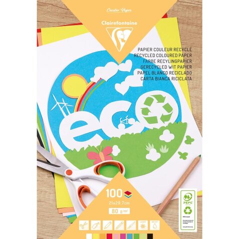 PAPIER COULEUR RECYCLÉ, Bloc de 100 feuilles 80g/m2 au format 21x29,7cm - Assortiment