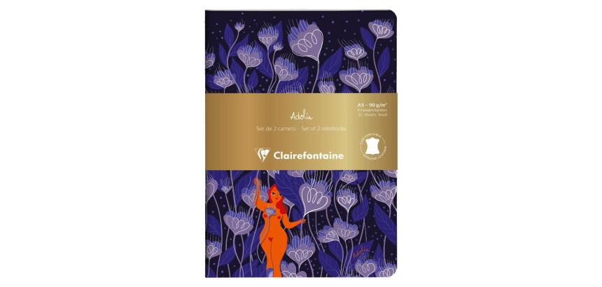 Adolie, Set de 2 carnets cousu fil A5 14,8x21 cm, 64 pages, ligné. Bloom. 1 carnet couverture cuir + 1 carnet couverture carte imprimée, ass.