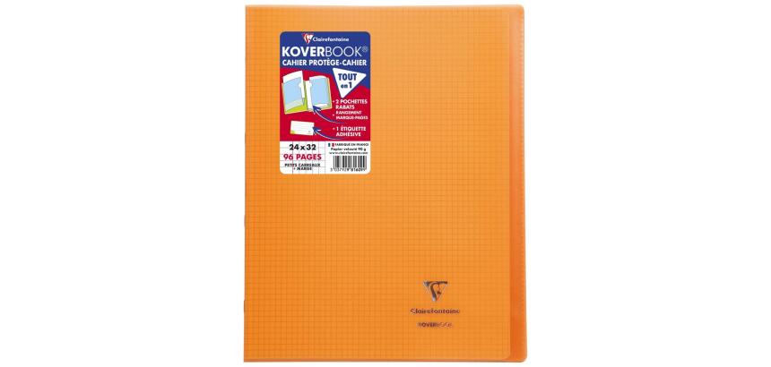 Cahier piqué Koverbook 24x32 cm 96 pages petits carreaux + marge couverture polypropylène transparent - Orange