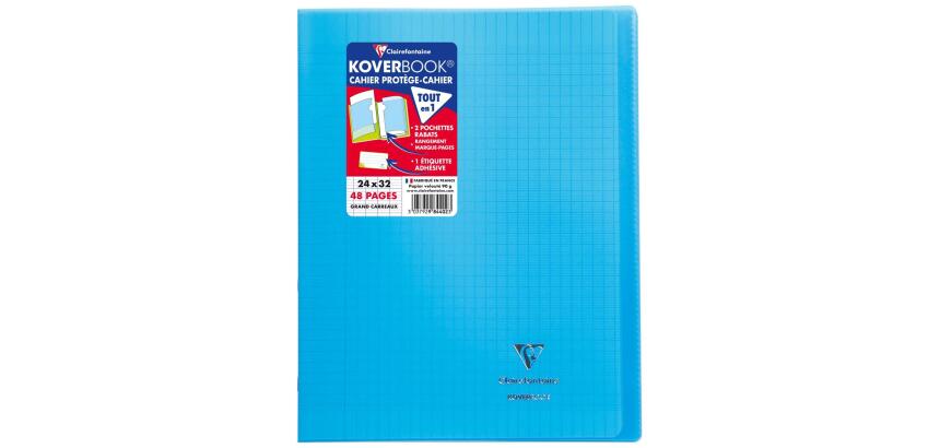 Cahier piqué Koverbook 24x32cm 48 pages grands carreaux couverture polypropylène transparent - Bleu
