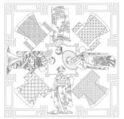 Carré 100% soie - 90x90cm Geishas - Blanc