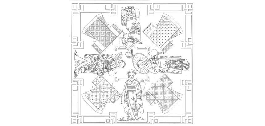 Carré 100% soie - 90x90cm Geishas - Blanc