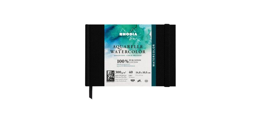 Rhodia Touch Watercolor Book, papier grain fin 100% coton 300g - A6 paysage, 40 pages - Noir