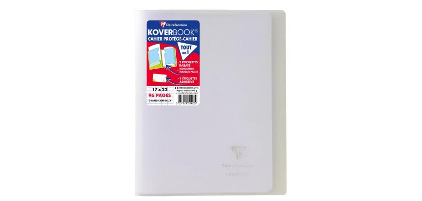 Cahier piqué Koverbook 17x22cm 96 pages grands carreaux couverture polypropylène transparent