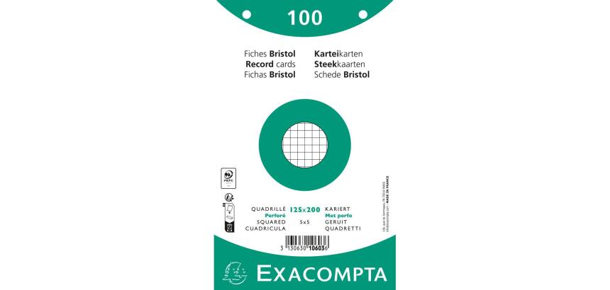 Paquet 100 fiches sous film - bristol quadrillé 5x5 perforé 125x200mm - Blanc