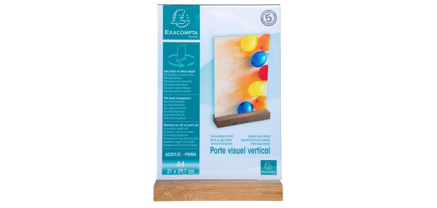 Porta-avvisi da tavolo con base in legno per formato A4 - Cristallo