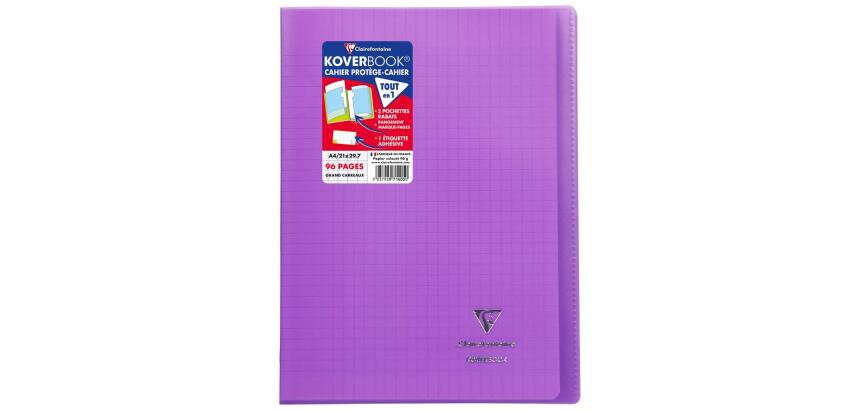 Cahier piqué Koverbook A4 96 pages grands carreaux couverture polypropylène transparent